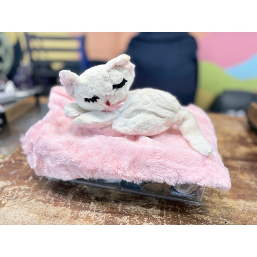 VTG Rushton? Plush Stuffed Animal White Kitty Cat w Pink Pajama Bag Fuzzy Snap
